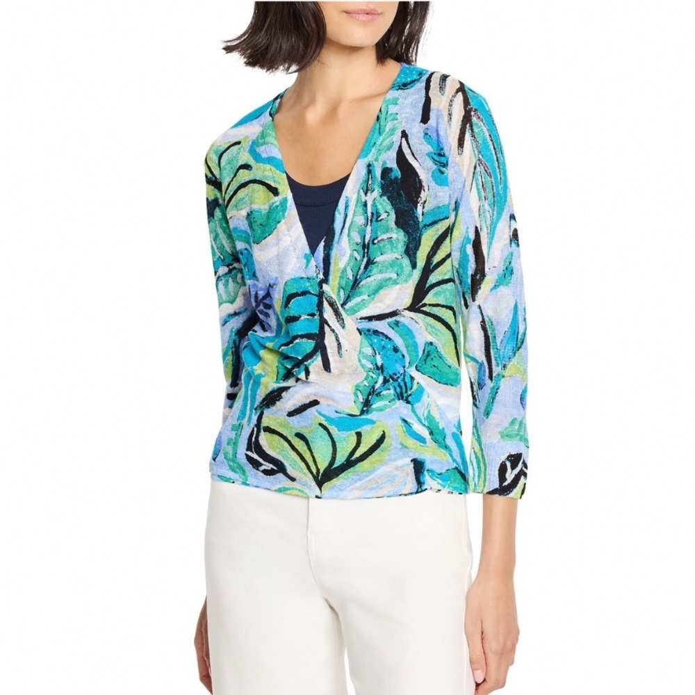 NIC+ZOE Island Beat 4 Way‎ Cardigan Blue Multi Tropical Linen Blend XS NEW